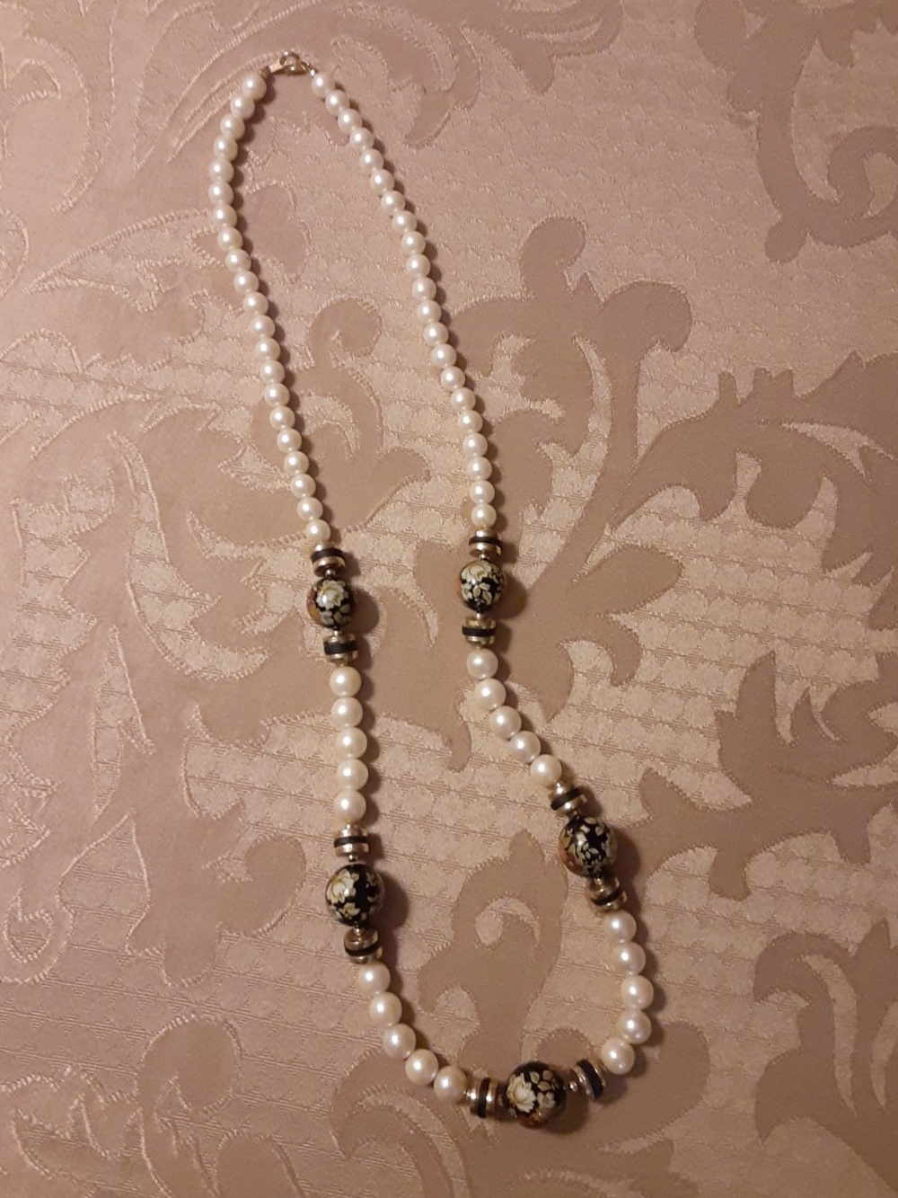 Japanese Vintage Faux Pearl Enamel Floral Beaded Necklace with Gold Tone Accents